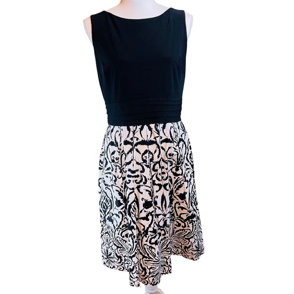 Lauren‎ Ralph Lauren Black White Sleeveless Print Dress Sz 10 Office Career Work